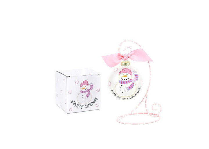 Pink My First Christmas Snowman Glass Ornament