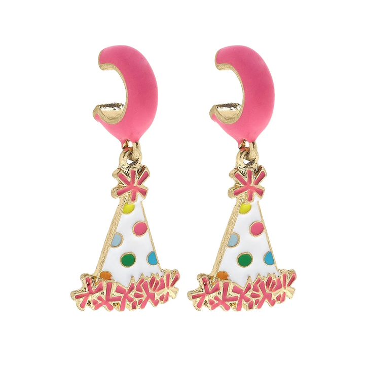Polka Dot Enamel Party Hat Huggie Hoop Earrings