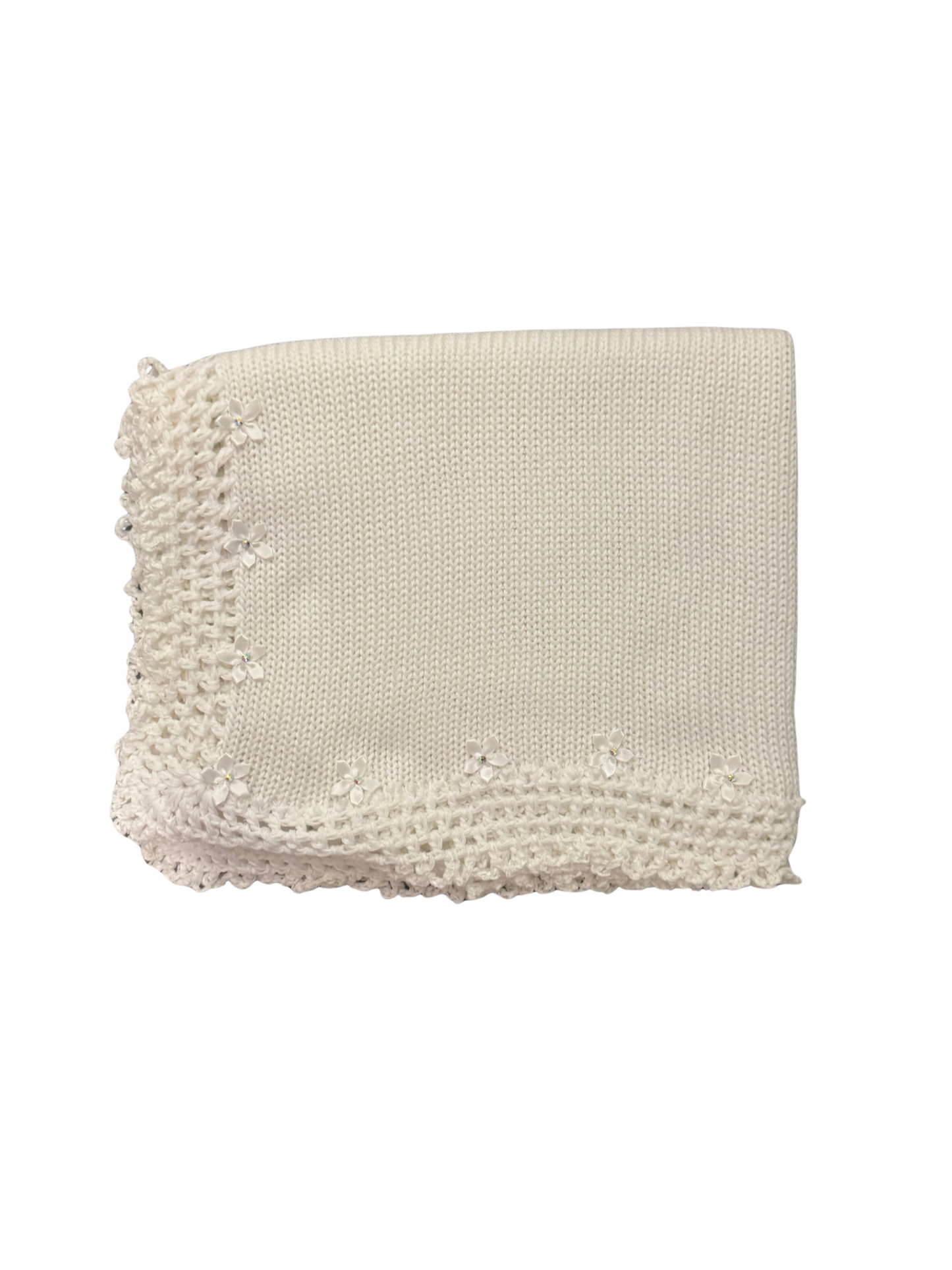 White/Chenille Trim Hand Knit Blanket