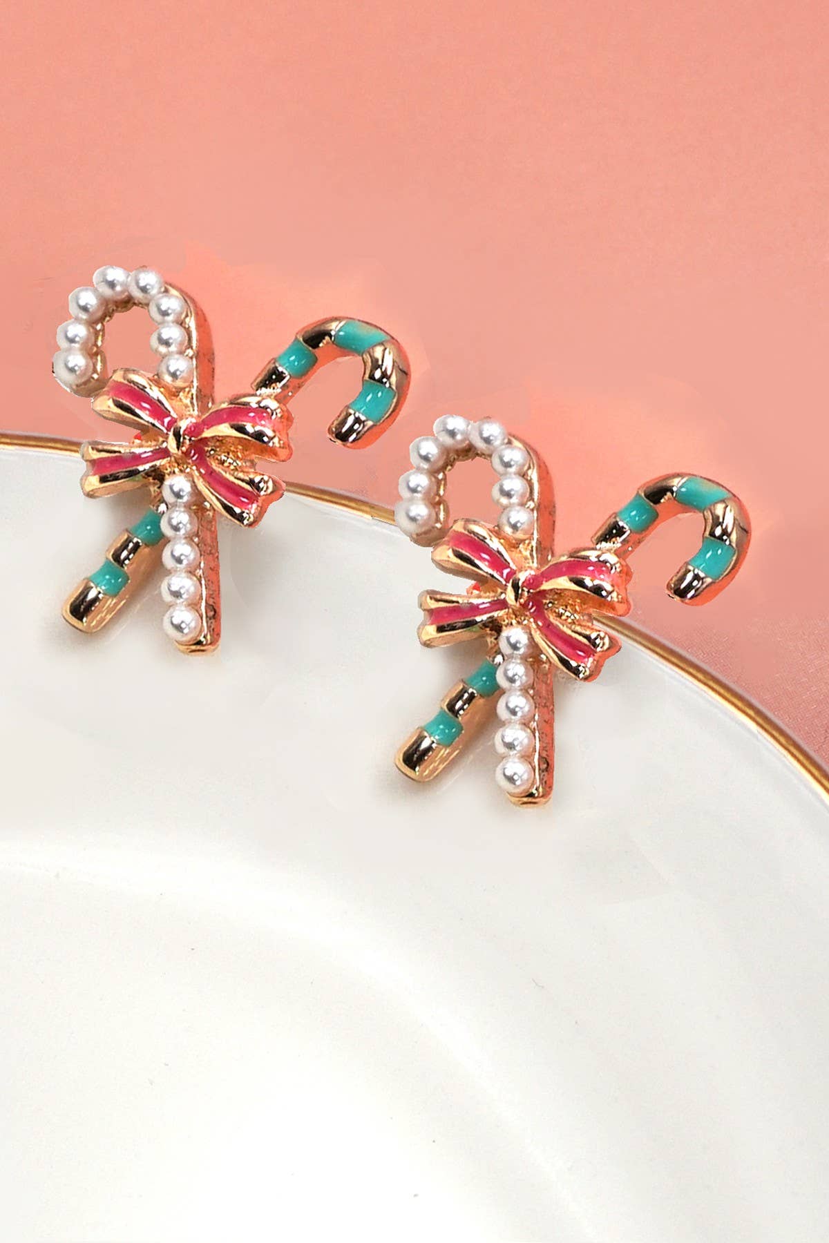 Christmas Candy Cane Pearl Bow Stud Earrings