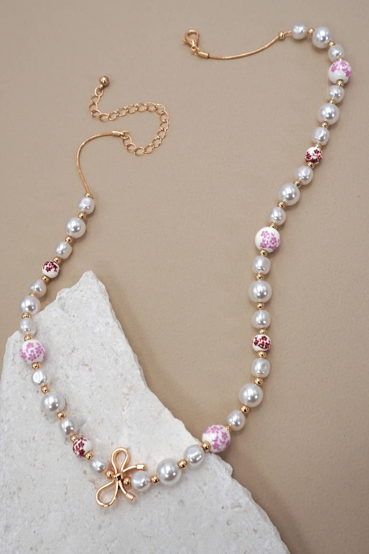 Pink Ceramic Pearl Bow Necklace