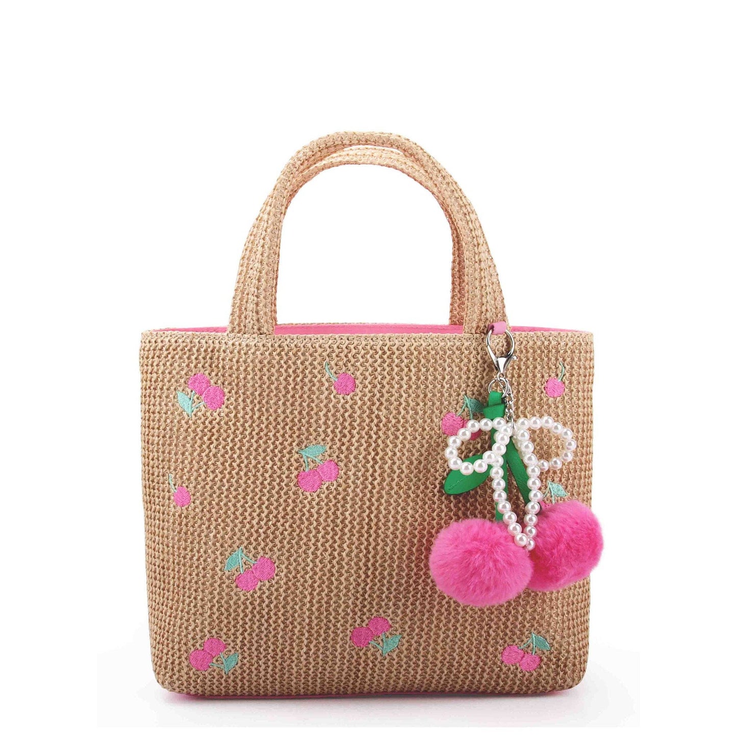 Cherry Patched Straw Mini Tote Bag with Charm