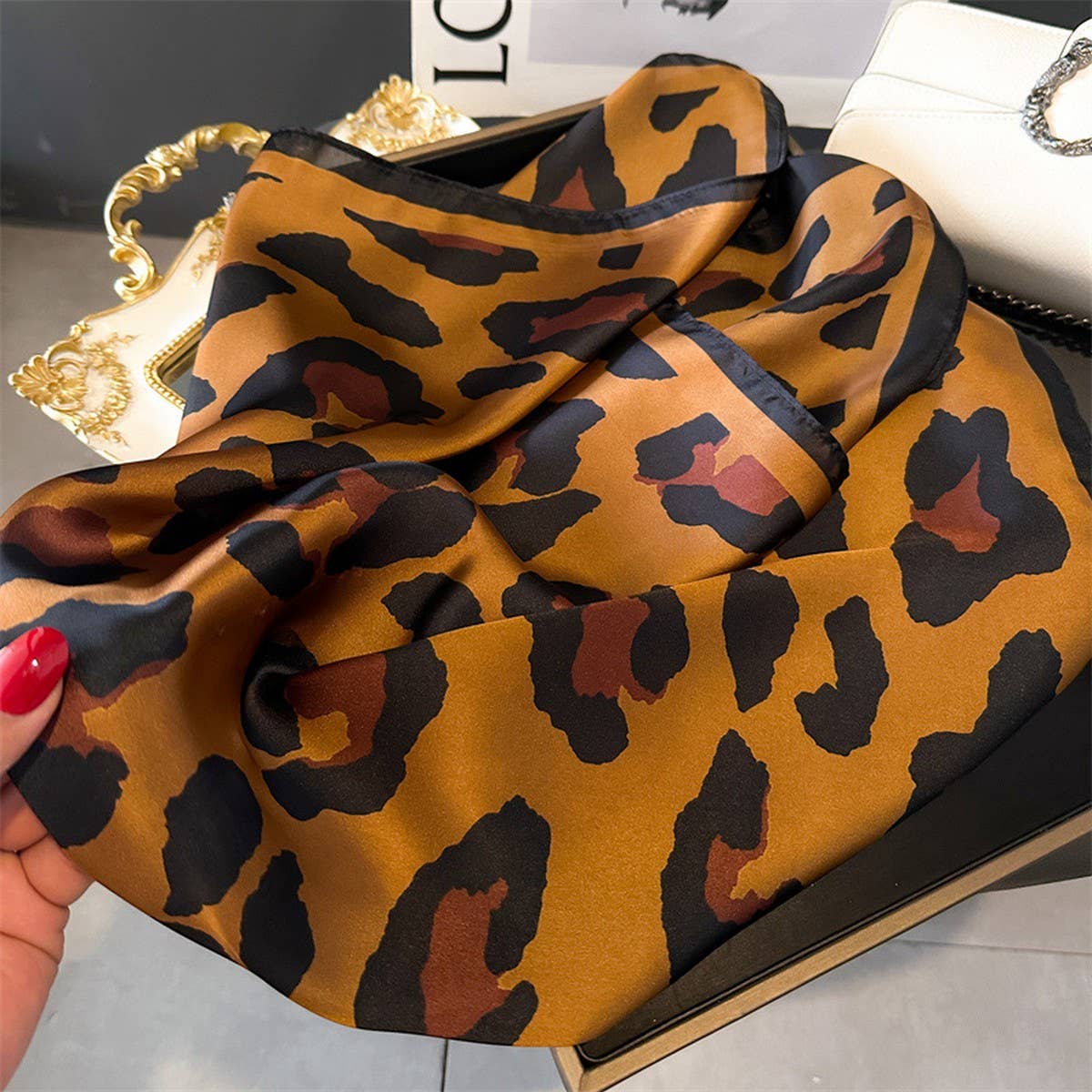Leopard Print Satin Square Scarf, Hair Wrap_CWASC1425