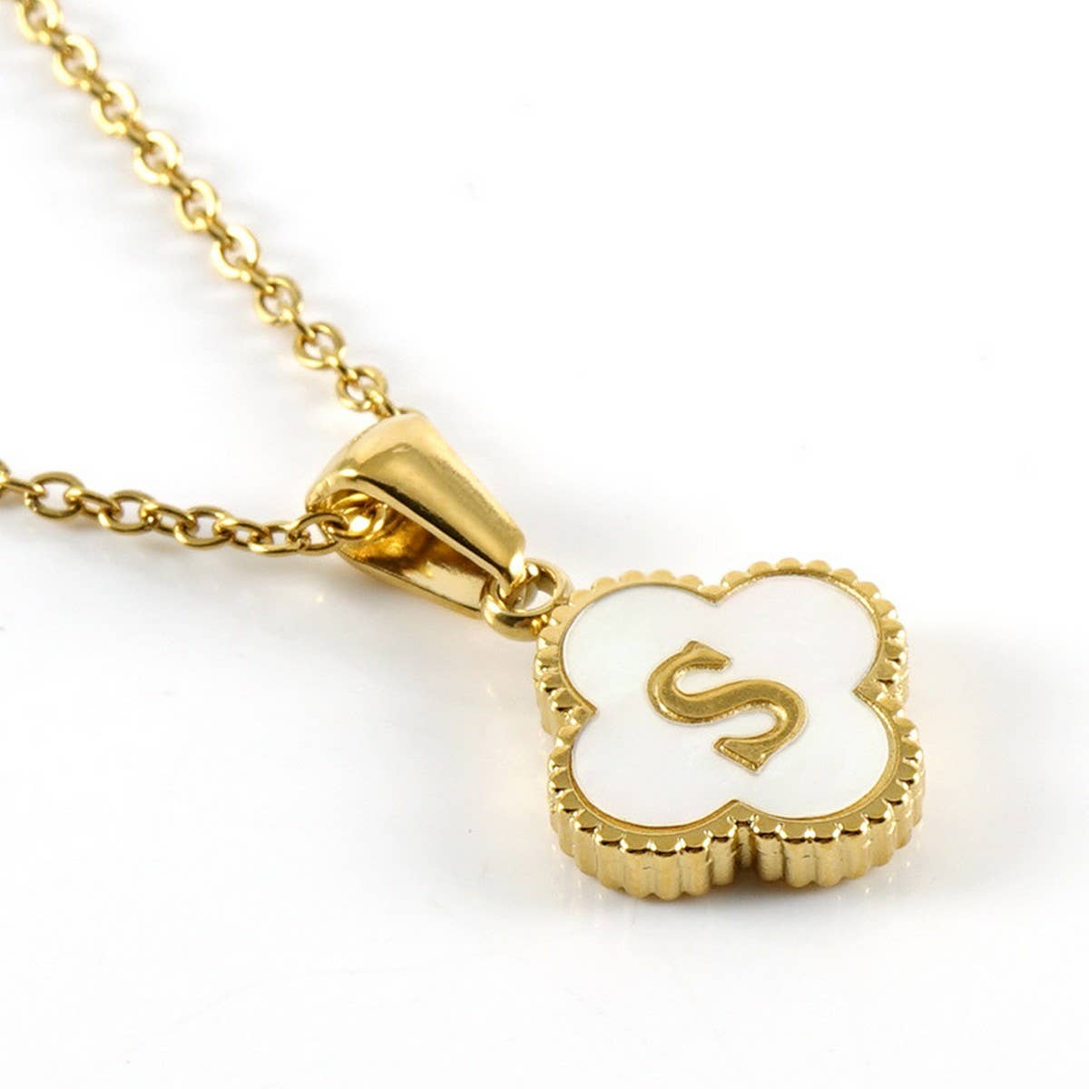 Four Leaf Clover Initial Shell Pendant Necklace