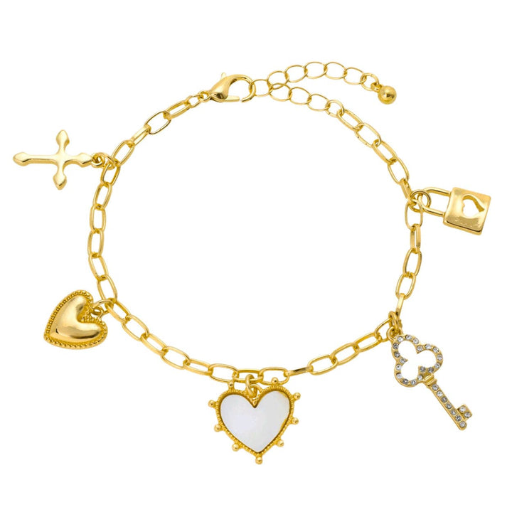 Gold Heart and Key Lock Charm Bracelet