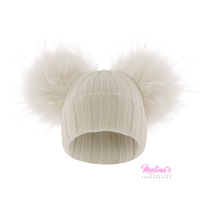 Cream Double Pom Angora Beanie