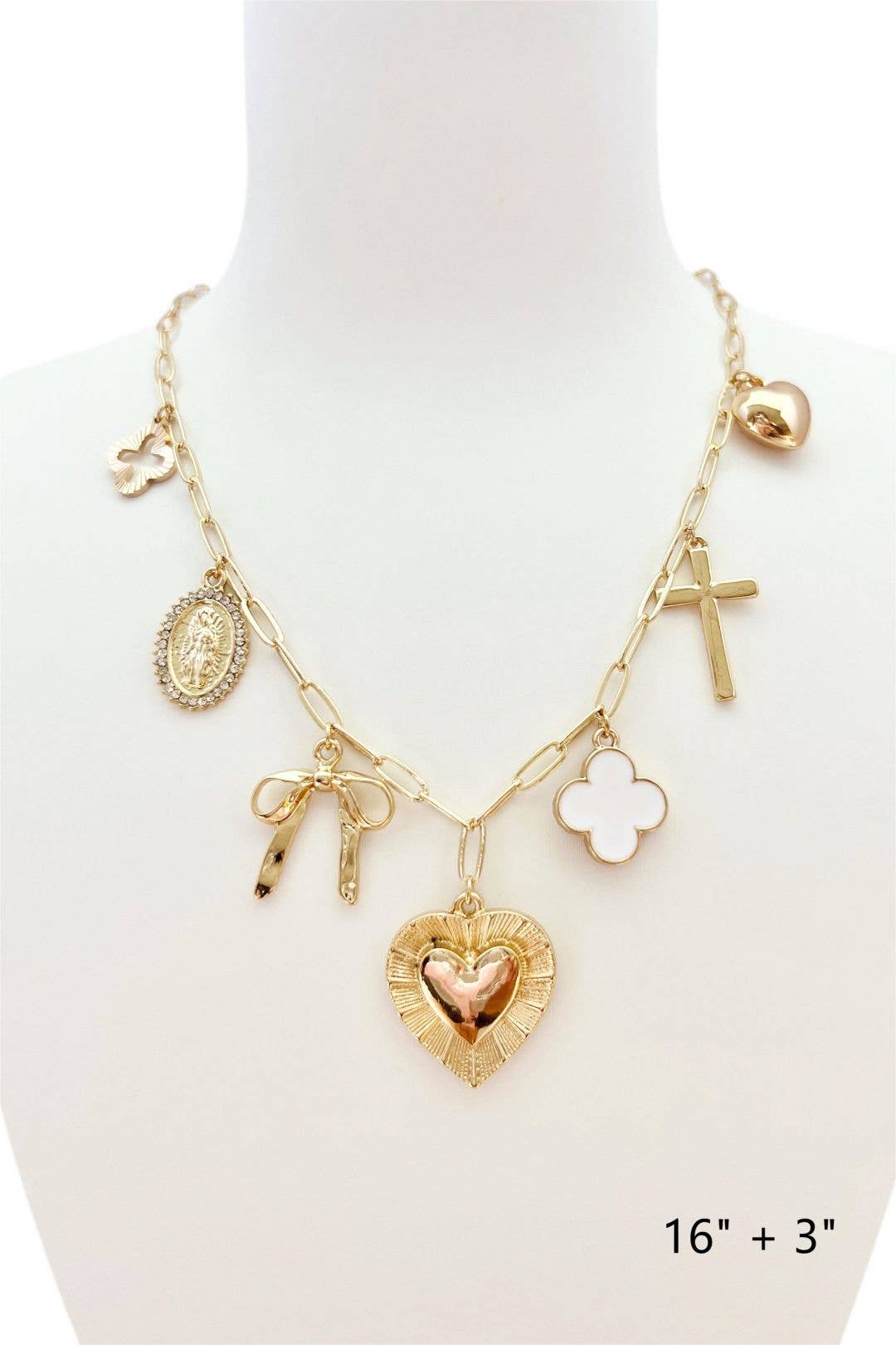 Gold Chain with Cross and Heart Charms
