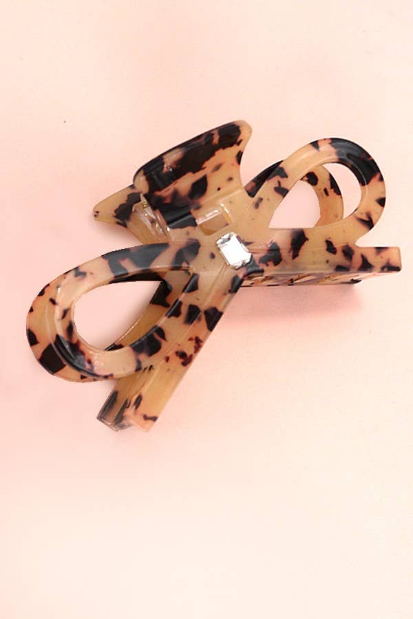 Large Bow Ribbon Rhinestone Hair Claw Clips - Tort
