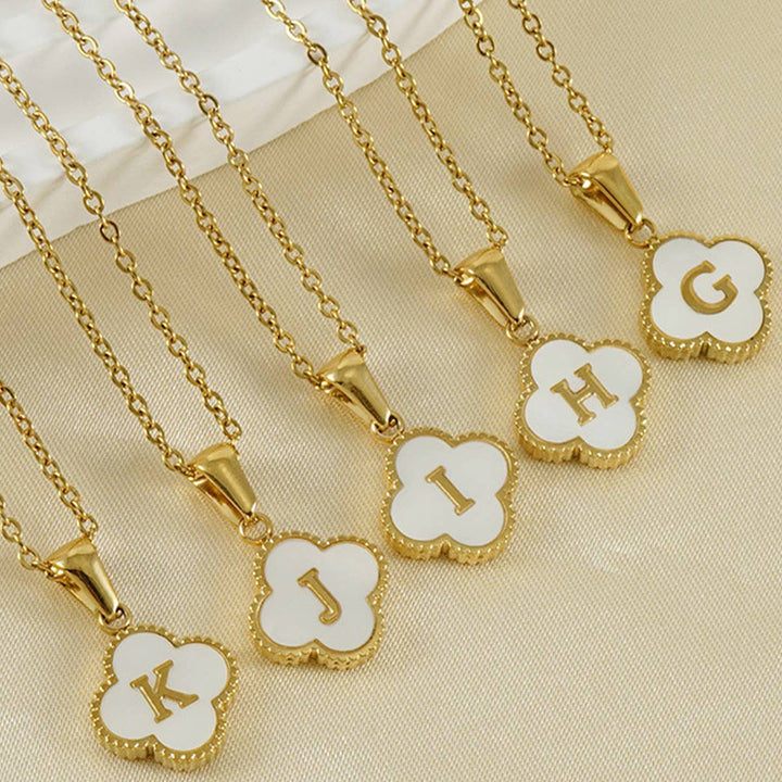 Four Leaf Clover Initial Shell Pendant Necklace