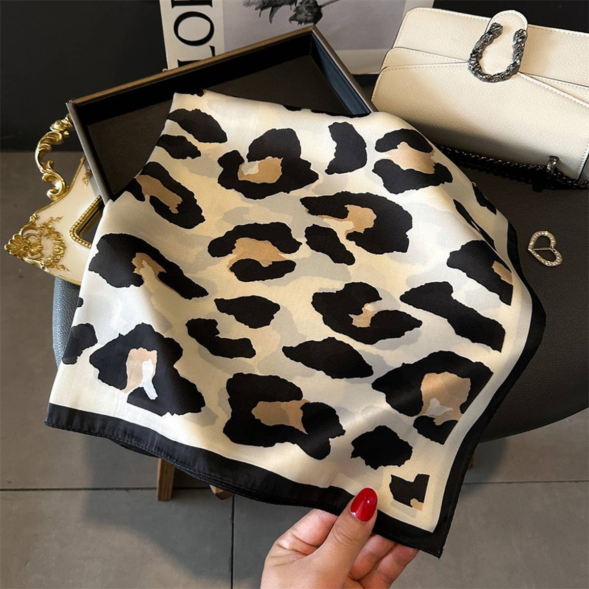 Leopard Print Satin Square Scarf, Hair Wrap_CWASC1425