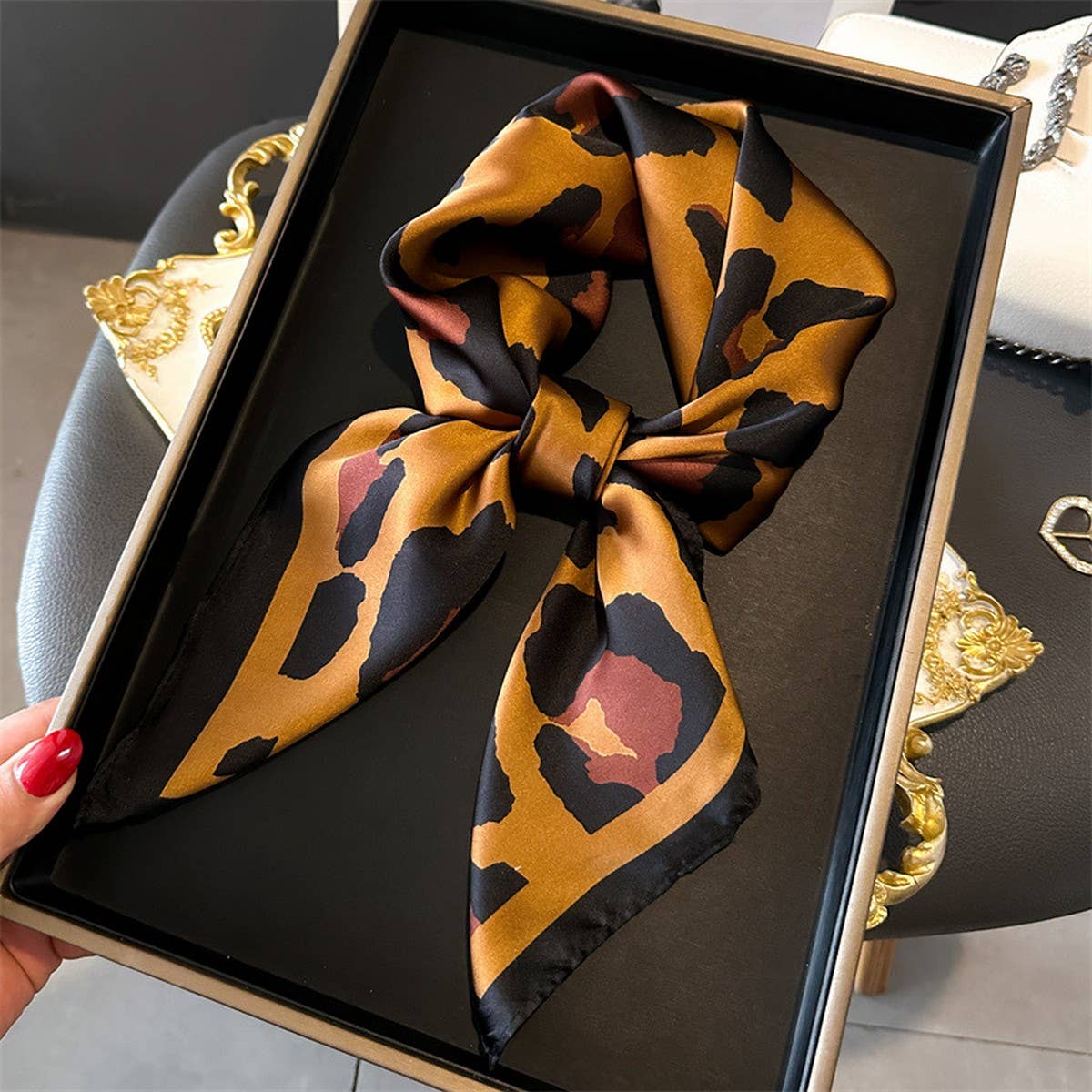 Leopard Print Satin Square Scarf, Hair Wrap_CWASC1425
