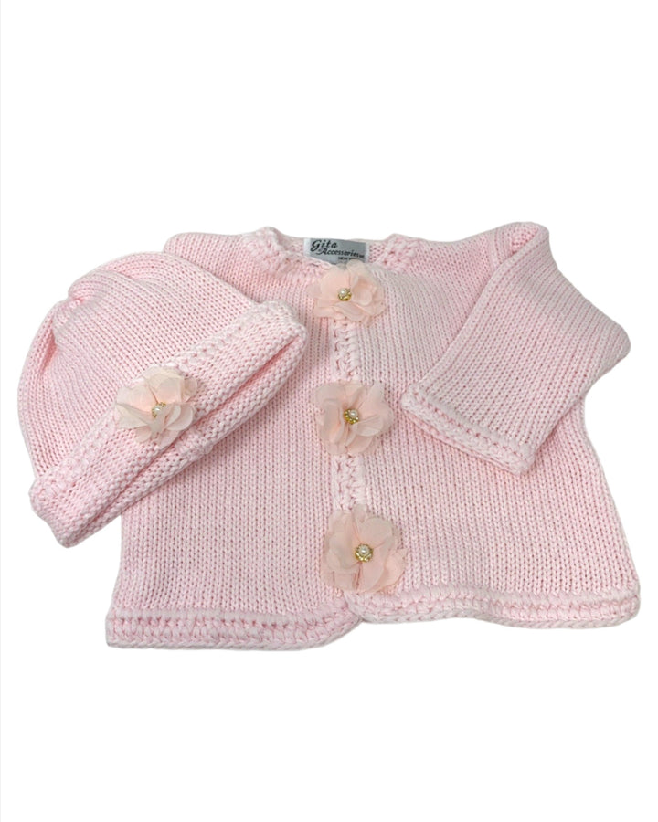 Pink Sweater and Hat with Pink Flowers-Chiffon Roses