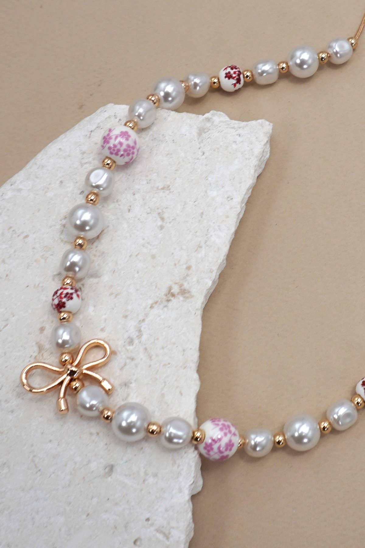 Pink Ceramic Pearl Bow Necklace