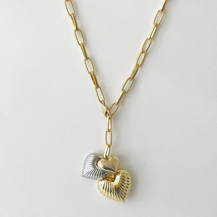 Silver and Gold Puffy Hearts Necklace