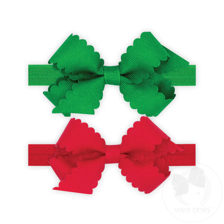 Two Mini Scallop Bow Headband – Red & Green