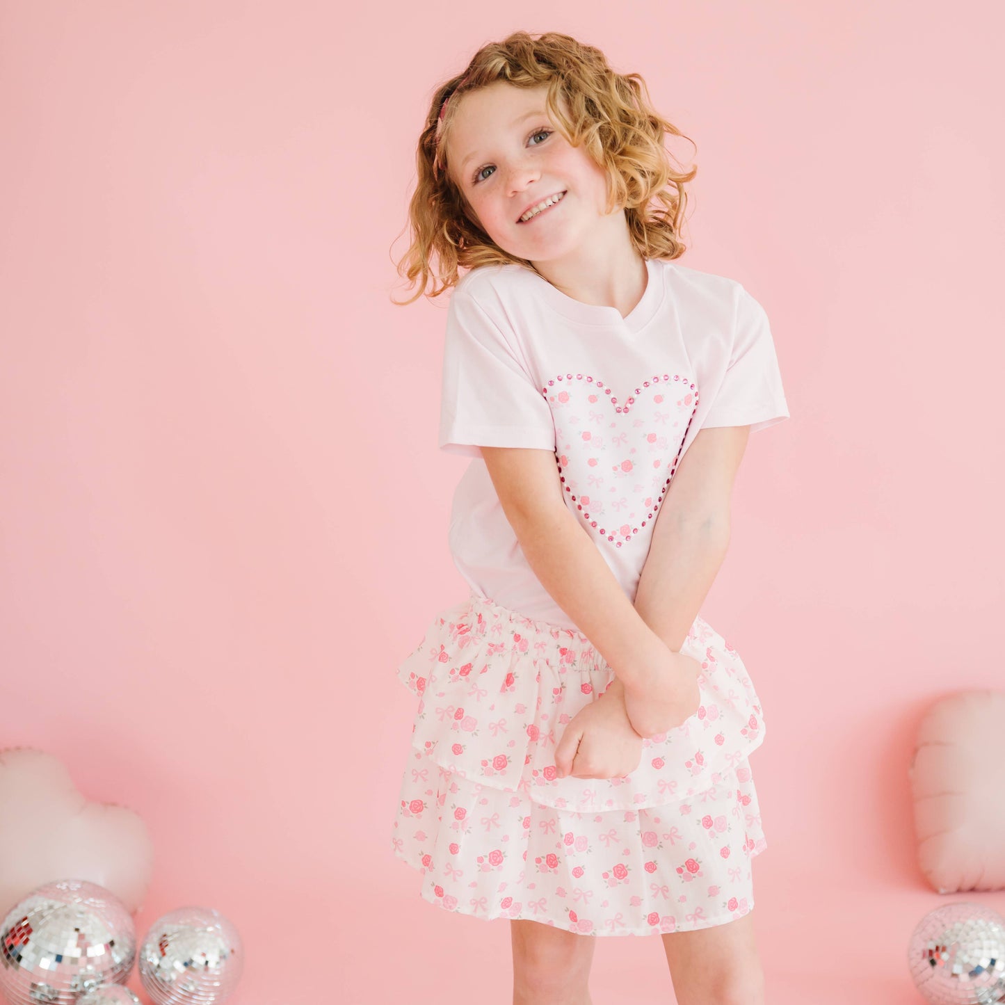 Dainty Rose Pearl Heart Patch Short Sleeve T-Shirt