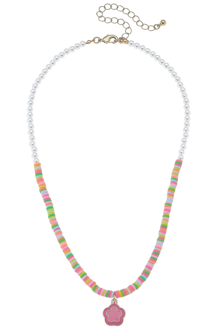 Ava Pearl Color Block Enamel Flower Children's Necklace