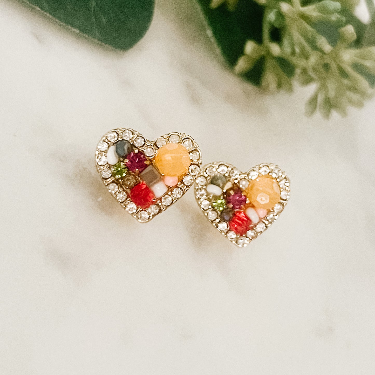 Stone Heart Earrings-white or multicolor