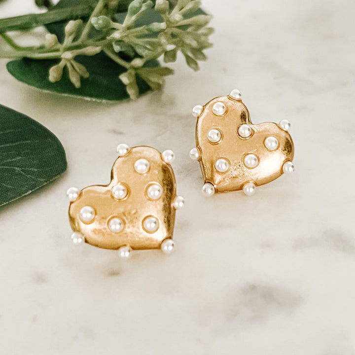 Pearl Encrusted Gold Heart Stud Earrings