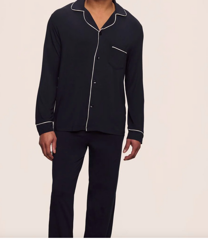 Monogrammed Petite Plume Navy Silk Pajamas