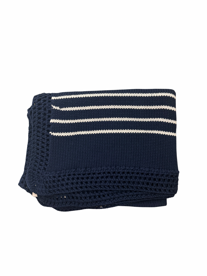 Navy/Thin White Hand Knit Blanket