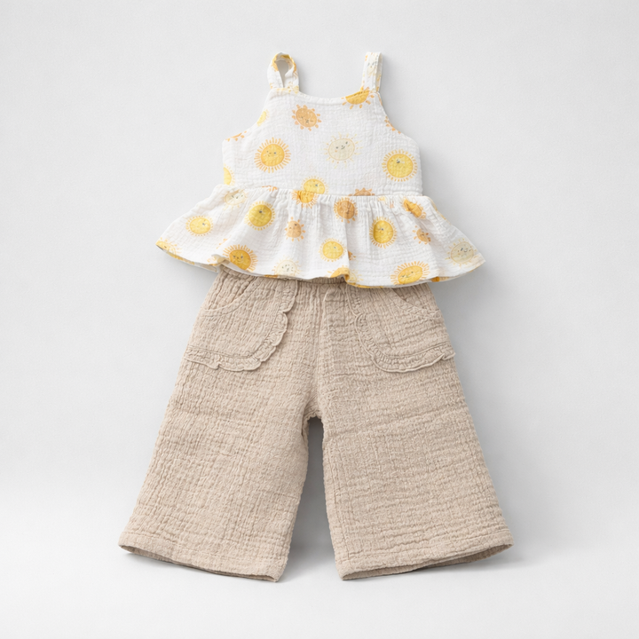 Baby Girl Happy Sun Peplum Top And Gauze Pants Set – Toddler Summer Outfit