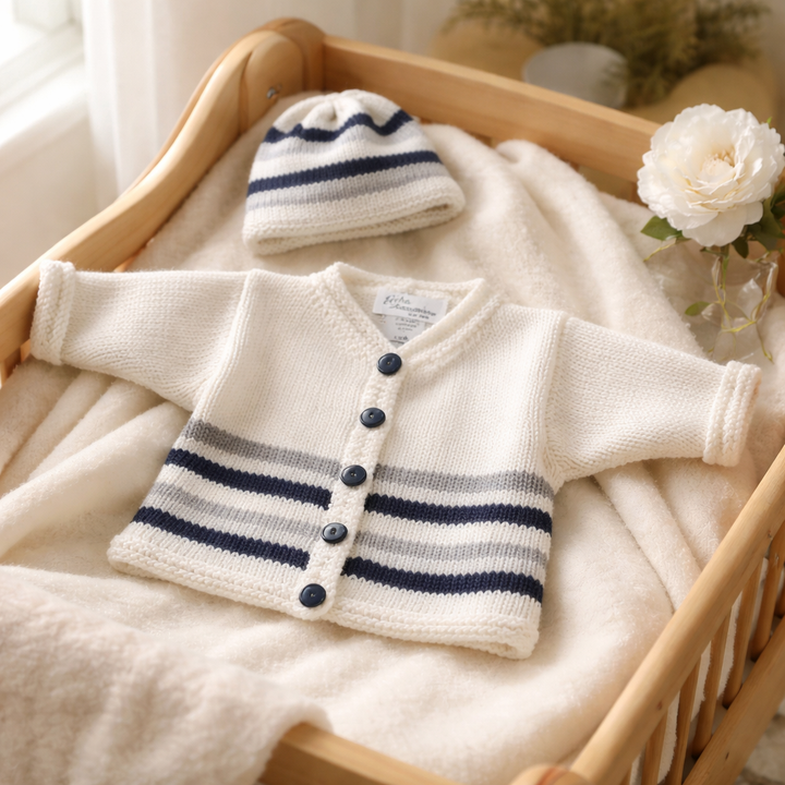 White/Navy and Grey Stripe Sweater and Hat