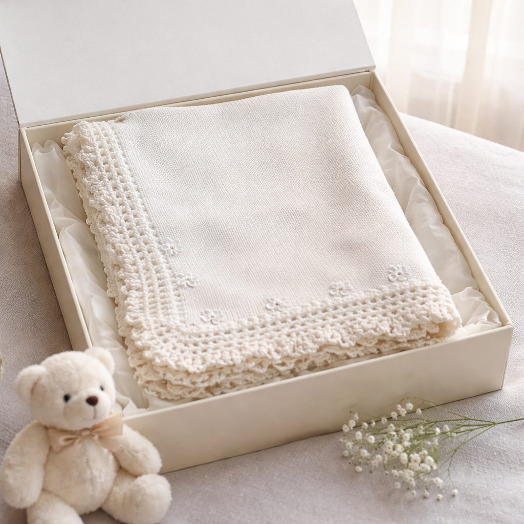 White/Chenille Trim Hand Knit Blanket