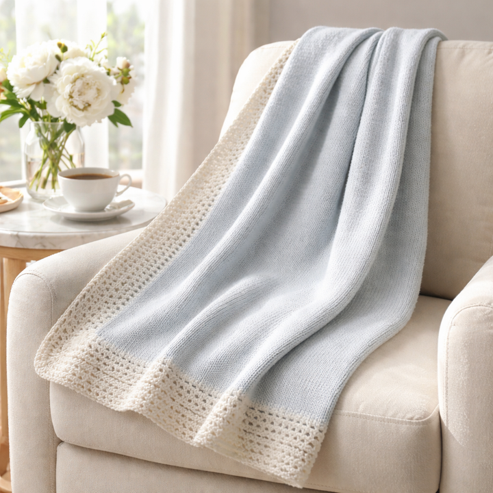 Lt. Blue with Denim Trim Hand Knit Blanket