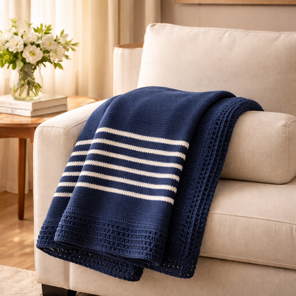 Navy/Thin White Hand Knit Blanket