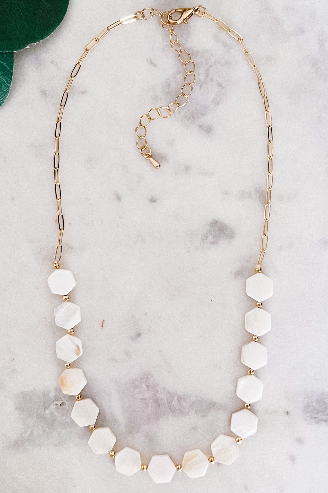 Hexagon Mother of Pearl Necklace on Gold Chain