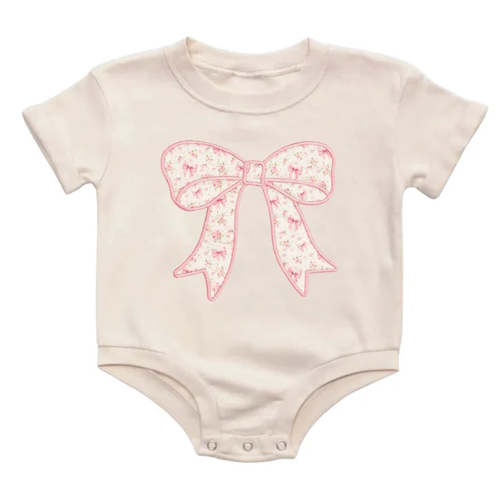 Ditsy Floral Bow Patch Short Sleeve Romper- Natural