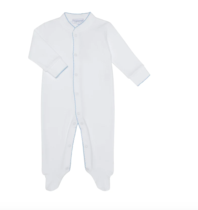 White Bubble Baby Footie -White, Pink, or Blue Picot Trim