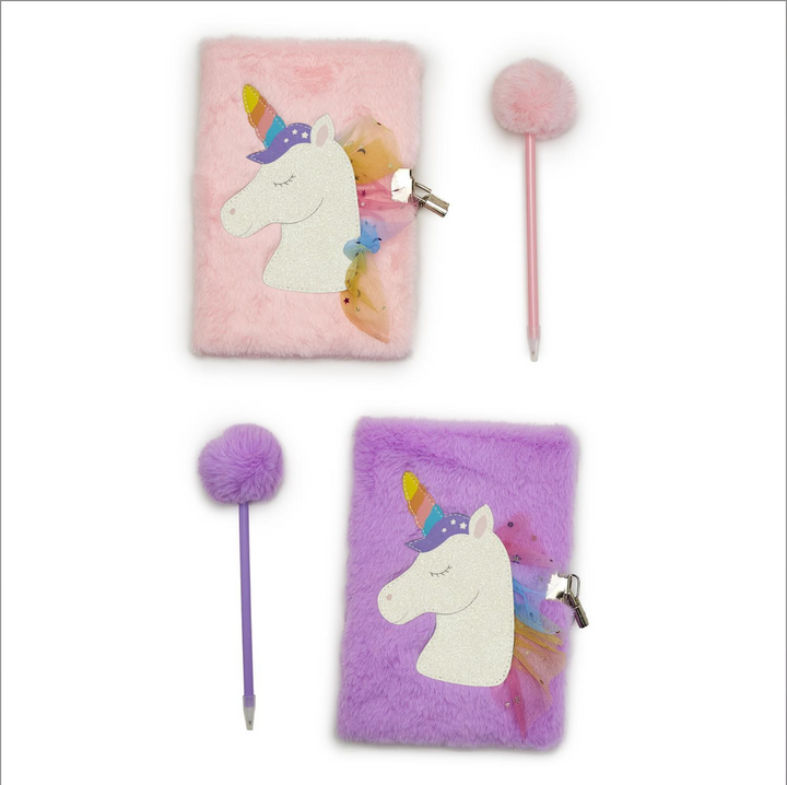 Glitter Unicorn Journal with Lock and Pop Pom Pen
