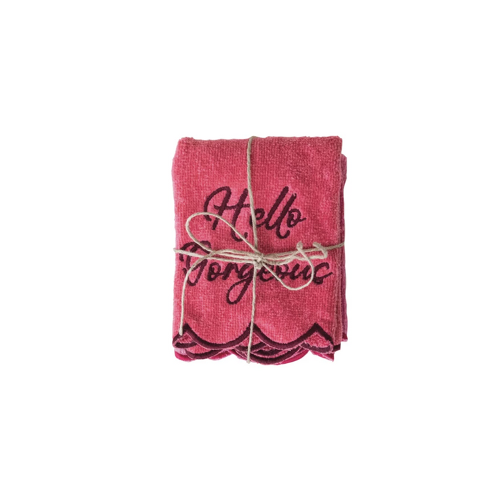 Cotton Terry Wash Cloths w/ Embroidered Saying & Scalloped Edge, Set of 2