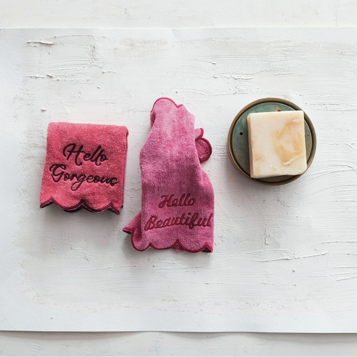 Cotton Terry Wash Cloths w/ Embroidered Saying & Scalloped Edge, Set of 2