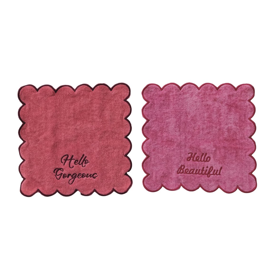 Cotton Terry Wash Cloths w/ Embroidered Saying & Scalloped Edge, Set of 2