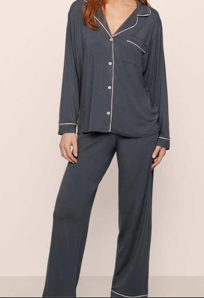 Monogrammed Petite Plume Navy Silk Pajamas