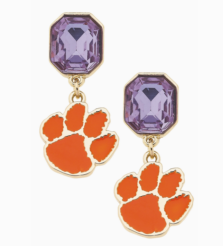 Clemson Tigers Rhinestone Enamel Logo Earrings in Shiny Gold