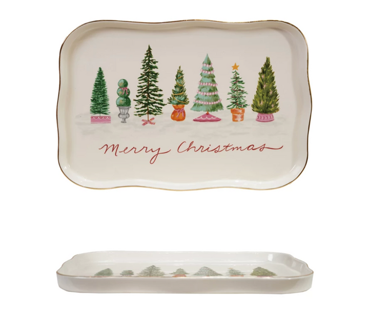 Stoneware Scalloped Platter with Trees