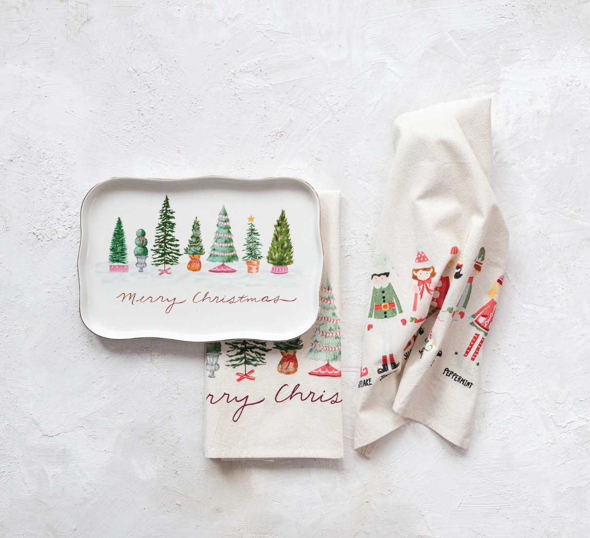 Stoneware Scalloped Platter with Trees