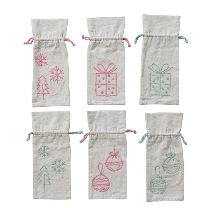 Drawstring Wine Bag w/ Embroidered Holiday Icon