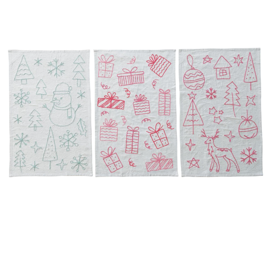 3pk Embroidered Woven Cotton & Linen Tea Towel