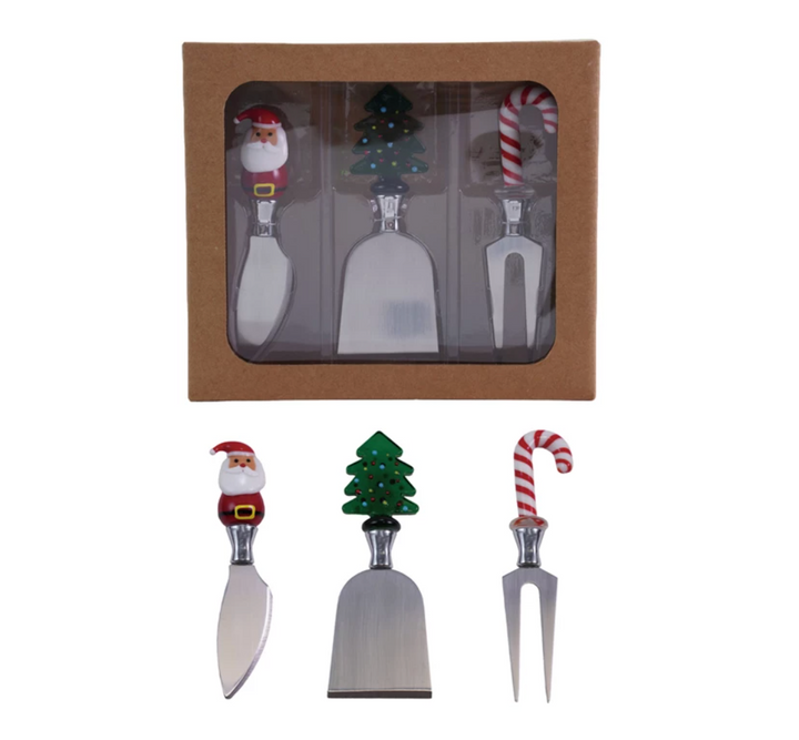 Cheese Knives with Hand-Blown Glass Holiday Icon Handle, Boxed Set of 3