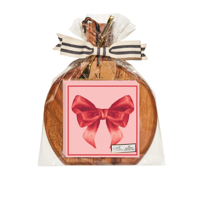 Acacia Bevel Board w/ Gold Spreader & Pink Bows Napkin