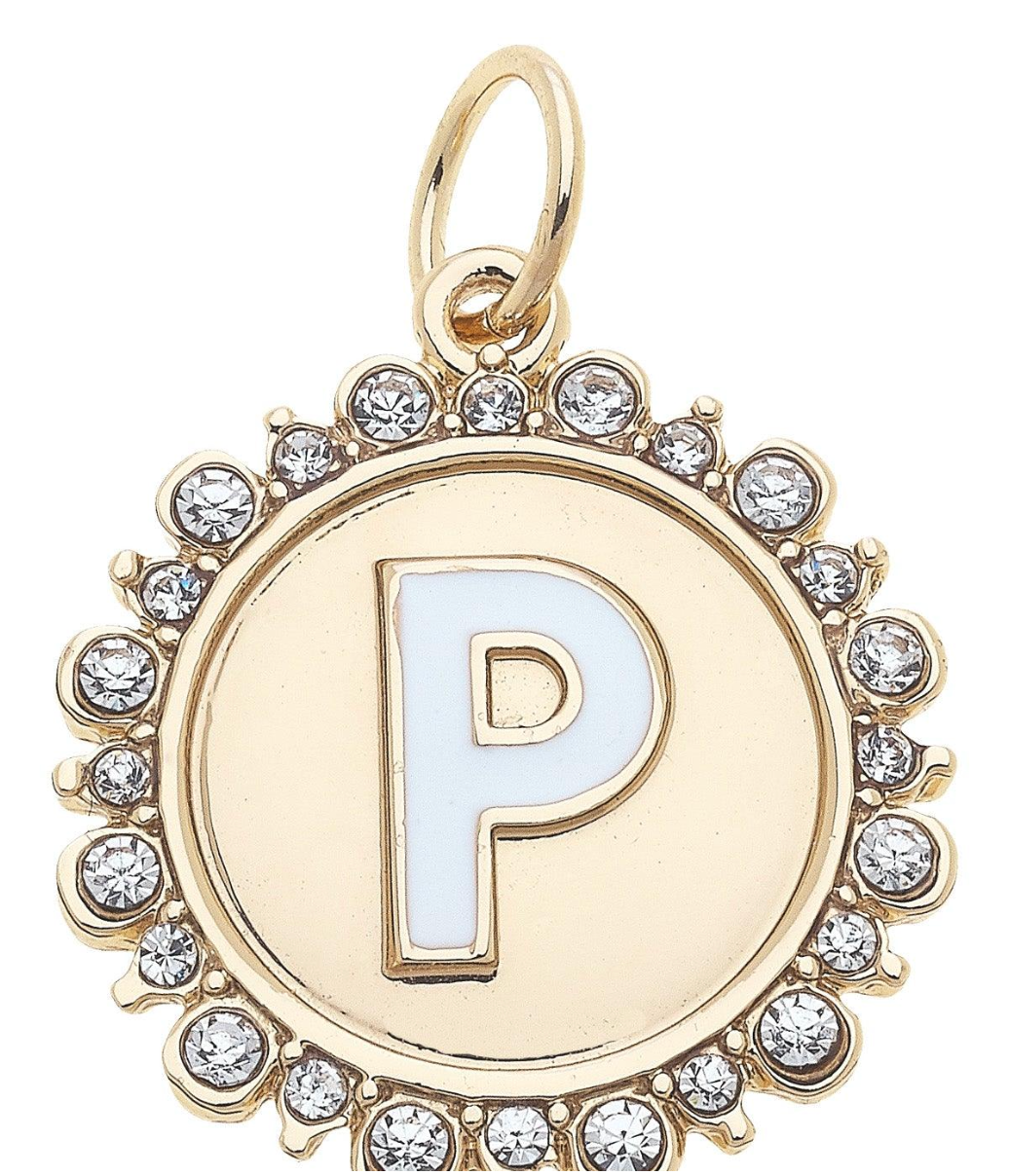 Rhinestone Studded Enamel Letter Disc Charm