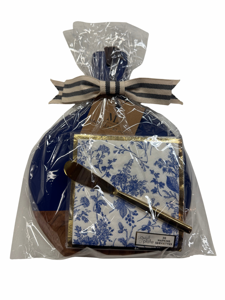 Blue Acacia Bevel Board w/ Gold Spreader & Timeless Cocktail Napkin
