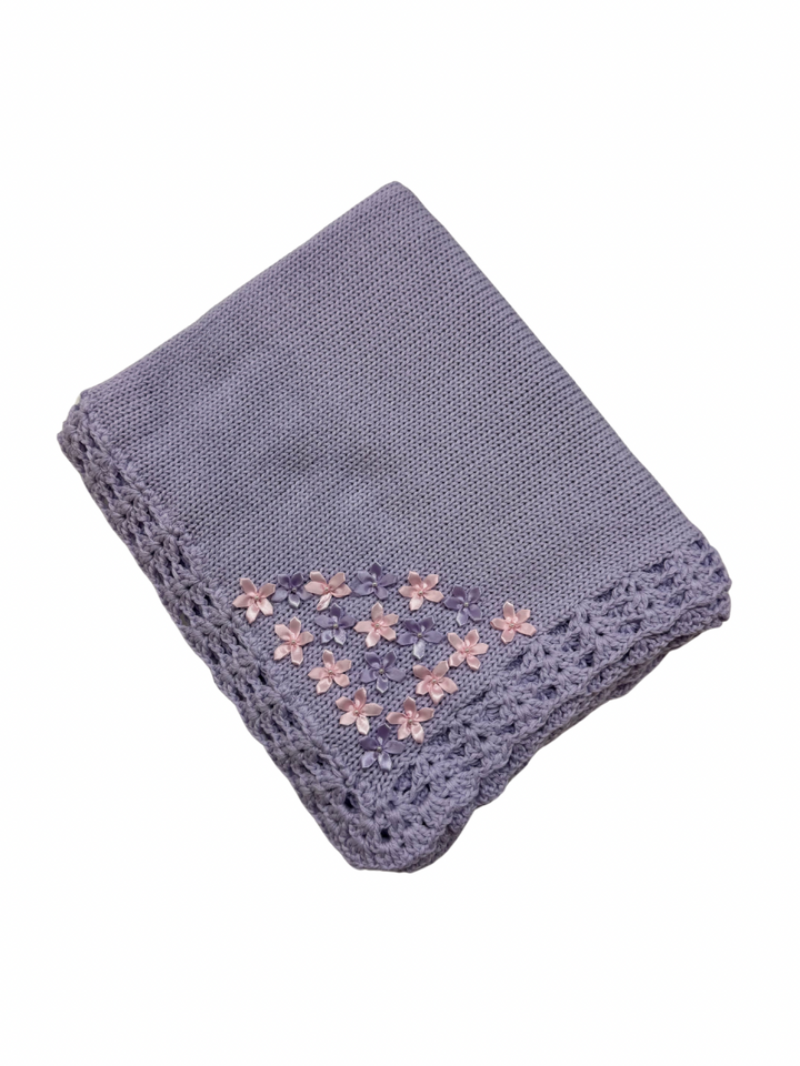 Lavender Hand Knit Blanket with Rhinestone flower