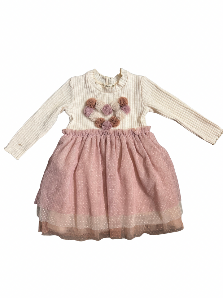 Multi Poms Heart Rib Long Sleeve Aria Tutu Dress