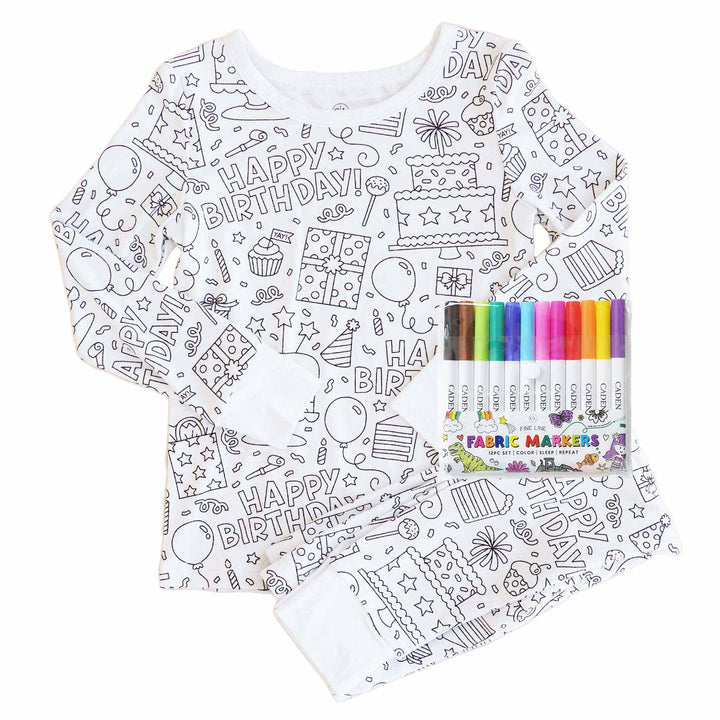 Colorable Two Piece Pajama Set | Birthday Celebration with Markers